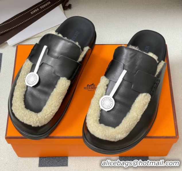 Classic Hot Hermes Go Mule in Calfskin and Shearling Black 2025 H232865 0820004
