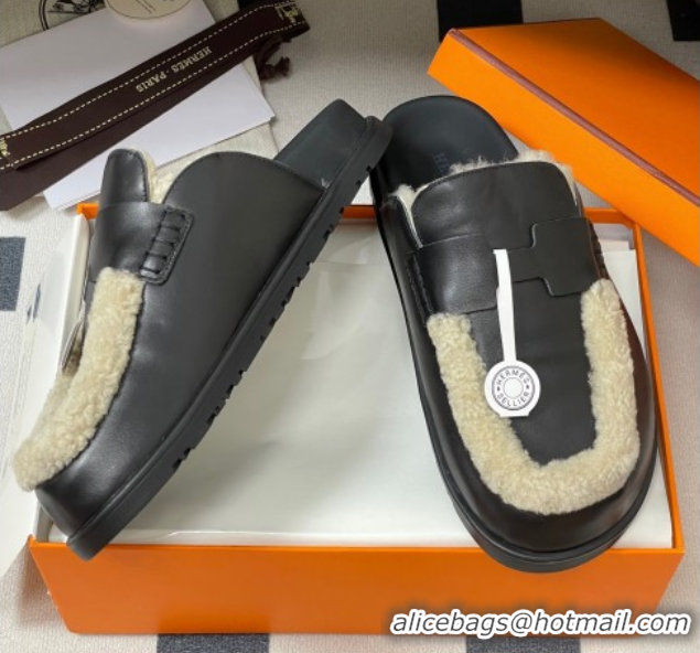 Classic Hot Hermes Go Mule in Calfskin and Shearling Black 2025 H232865 0820004