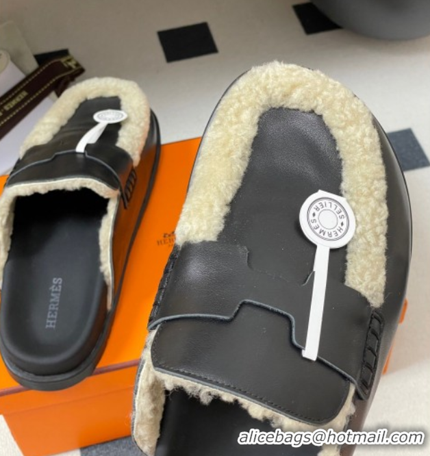 Classic Hot Hermes Go Mule in Calfskin and Shearling Black 2025 H232865 0820004