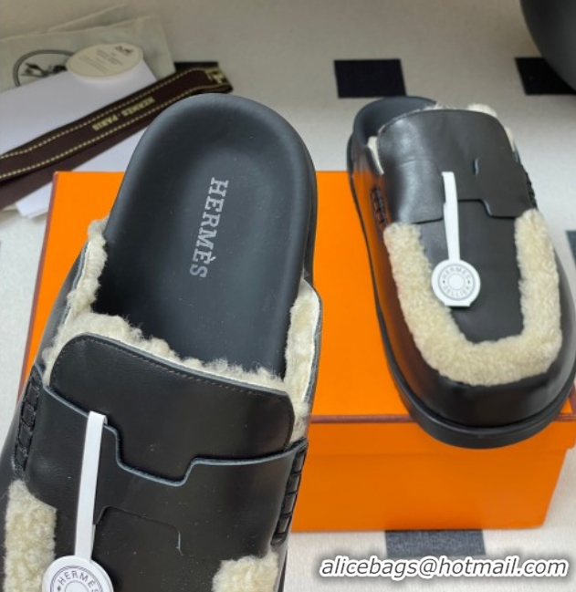 Classic Hot Hermes Go Mule in Calfskin and Shearling Black 2025 H232865 0820004