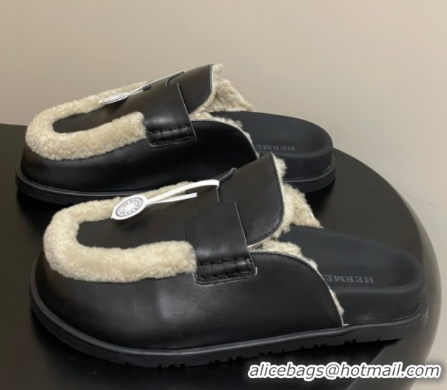 Classic Hot Hermes Go Mule in Calfskin and Shearling Black 2025 H232865 0820004