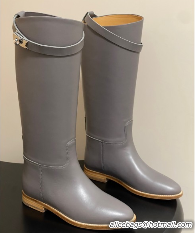 Sumptuous Hermes Jumping Boots in Calfskin with Kelly Strap Grey 2025 H082001 0820008