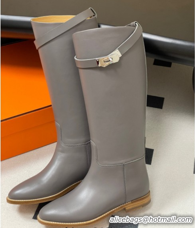 Sumptuous Hermes Jumping Boots in Calfskin with Kelly Strap Grey 2025 H082001 0820008