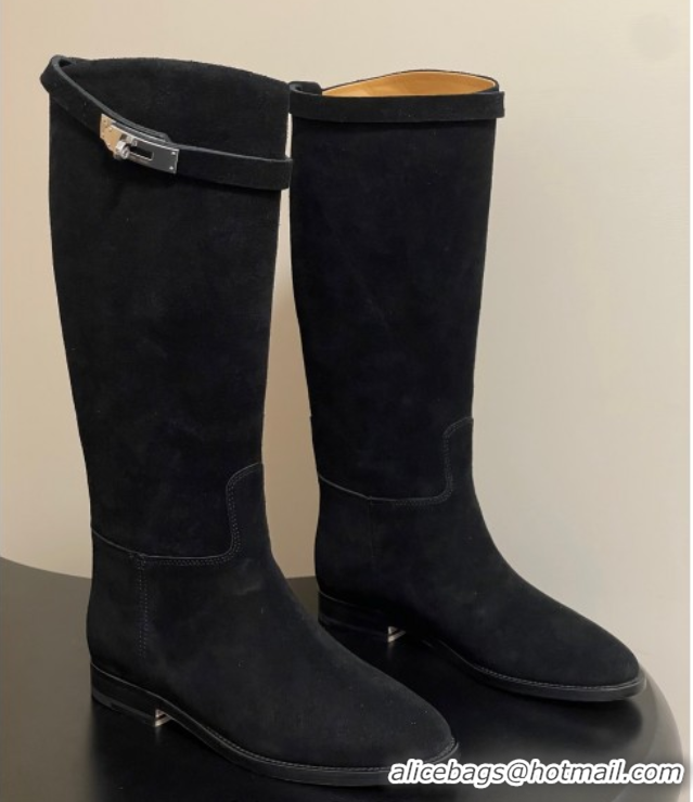 Top Grade Hermes Jumping Boots in Suede with Kelly Strap Black 2025 H082001 0820012