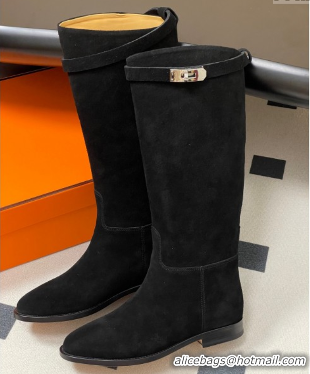 Top Grade Hermes Jumping Boots in Suede with Kelly Strap Black 2025 H082001 0820012