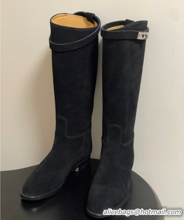 Top Grade Hermes Jumping Boots in Suede with Kelly Strap Black 2025 H082001 0820012