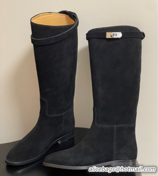 Top Grade Hermes Jumping Boots in Suede with Kelly Strap Black 2025 H082001 0820012