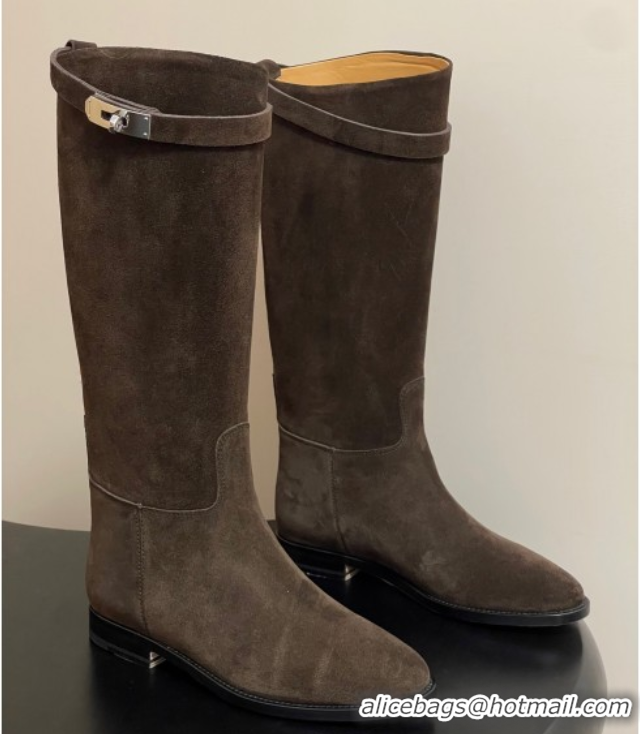 Crafted Hermes Jumping Boots in Suede with Kelly Strap Taupe 2025 H082001 0820014