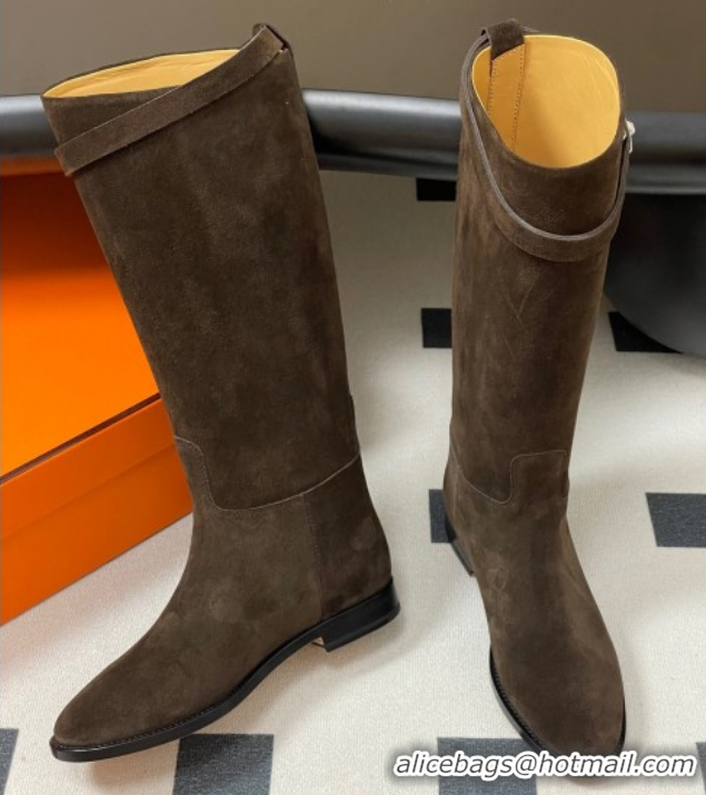 Crafted Hermes Jumping Boots in Suede with Kelly Strap Taupe 2025 H082001 0820014