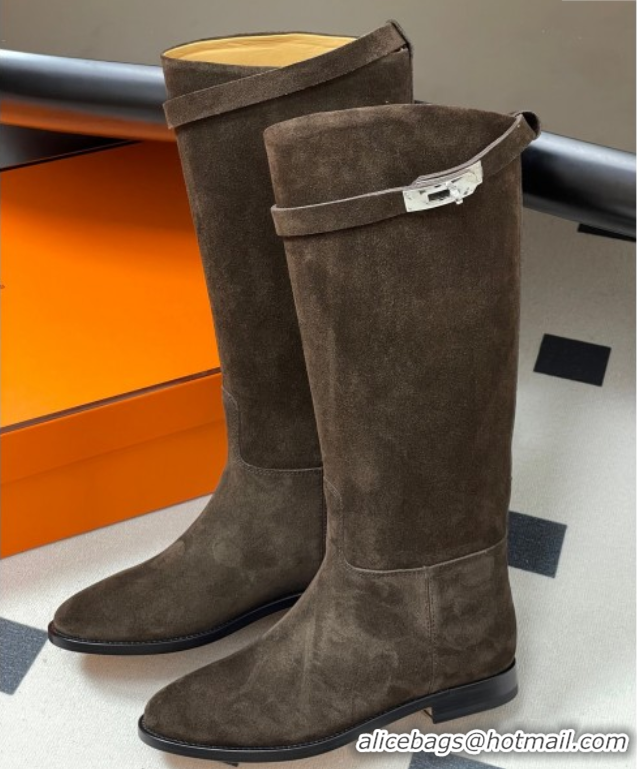 Crafted Hermes Jumping Boots in Suede with Kelly Strap Taupe 2025 H082001 0820014