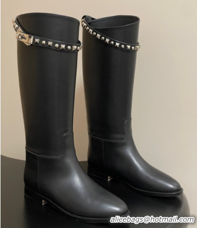 Unique Style Hermes Jumping Boots in Calfskin with Studs Kelly Strap Black 2025 H082002 0820015