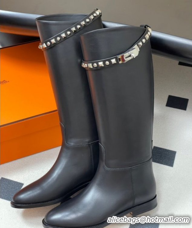 Unique Style Hermes Jumping Boots in Calfskin with Studs Kelly Strap Black 2025 H082002 0820015