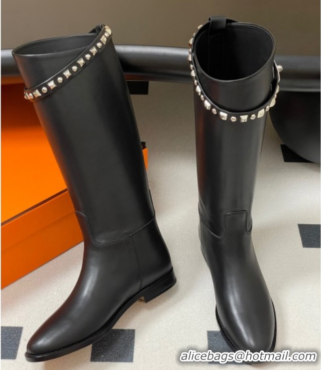Unique Style Hermes Jumping Boots in Calfskin with Studs Kelly Strap Black 2025 H082002 0820015