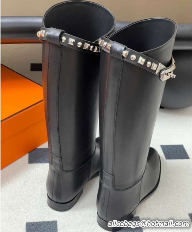 Unique Style Hermes Jumping Boots in Calfskin with Studs Kelly Strap Black 2025 H082002 0820015