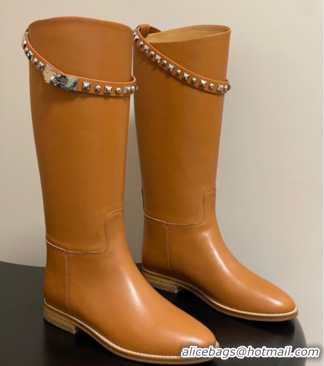 Luxurious Hermes Jumping Boots in Calfskin with Studs Kelly Strap Brown 2025 H082002 0820016