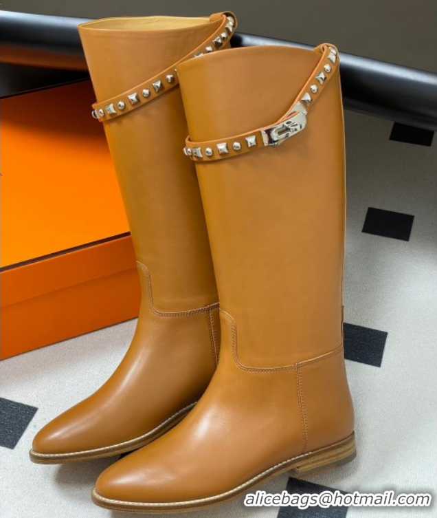 Luxurious Hermes Jumping Boots in Calfskin with Studs Kelly Strap Brown 2025 H082002 0820016