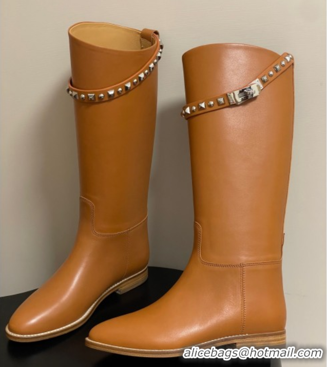 Luxurious Hermes Jumping Boots in Calfskin with Studs Kelly Strap Brown 2025 H082002 0820016