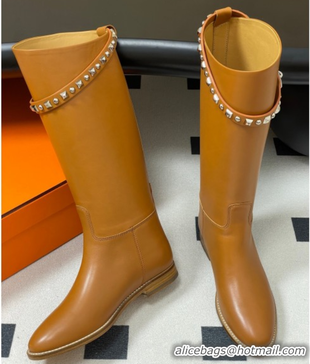 Luxurious Hermes Jumping Boots in Calfskin with Studs Kelly Strap Brown 2025 H082002 0820016