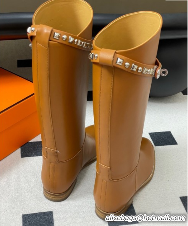 Luxurious Hermes Jumping Boots in Calfskin with Studs Kelly Strap Brown 2025 H082002 0820016