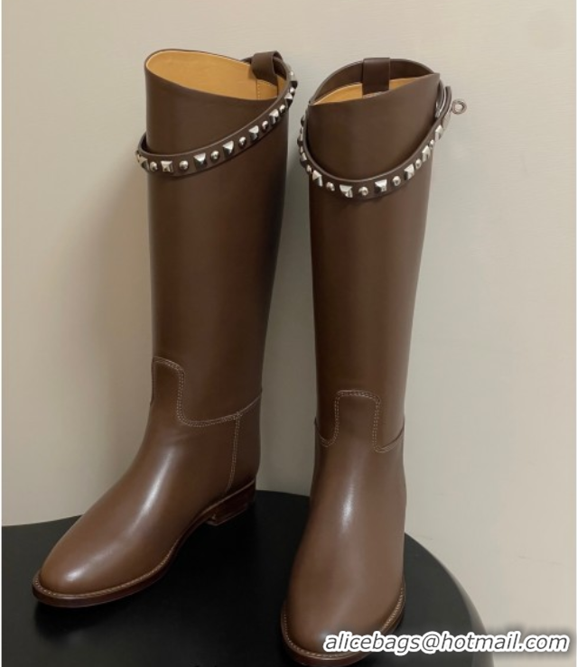 Best Grade Hermes Jumping Boots in Calfskin with Studs Kelly Strap Taupe 2025 H082002 0820017