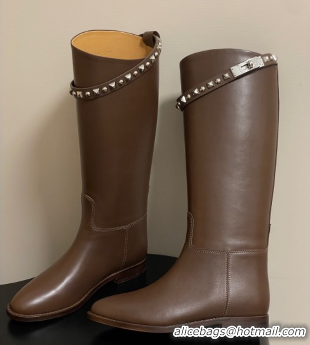 Best Grade Hermes Jumping Boots in Calfskin with Studs Kelly Strap Taupe 2025 H082002 0820017