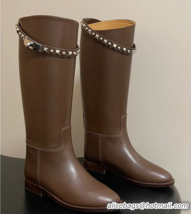 Best Grade Hermes Jumping Boots in Calfskin with Studs Kelly Strap Taupe 2025 H082002 0820017