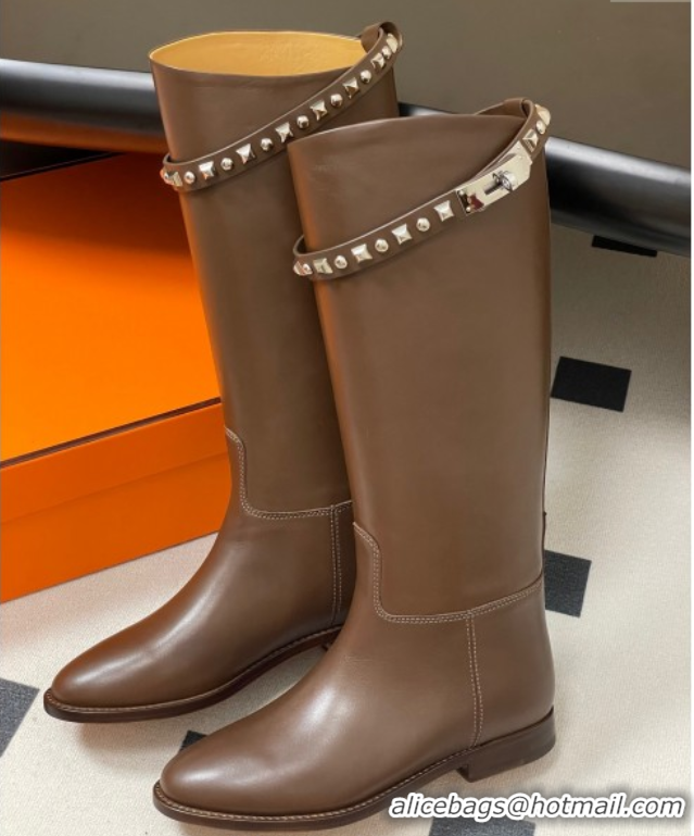 Best Grade Hermes Jumping Boots in Calfskin with Studs Kelly Strap Taupe 2025 H082002 0820017