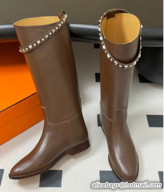 Best Grade Hermes Jumping Boots in Calfskin with Studs Kelly Strap Taupe 2025 H082002 0820017
