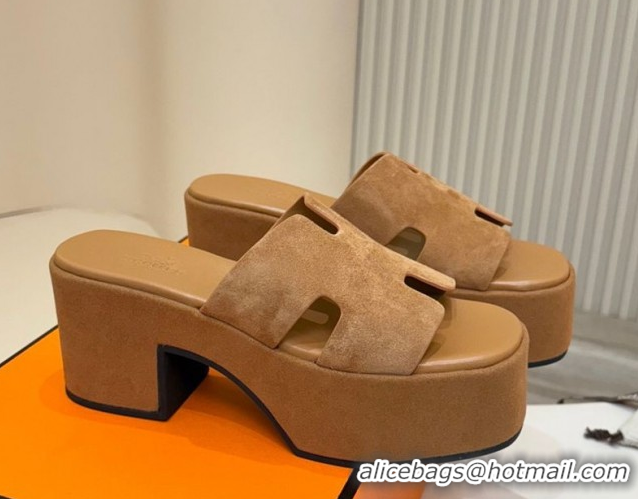 Good Taste Hermes Suede Platform Slides Sandal 7.5cm Brown 2025 H082003 0820018