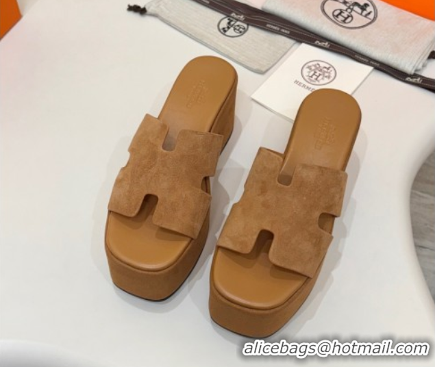 Good Taste Hermes Suede Platform Slides Sandal 7.5cm Brown 2025 H082003 0820018