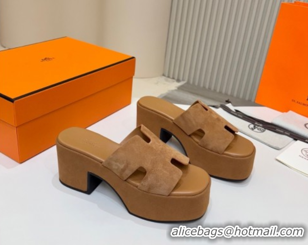 Good Taste Hermes Suede Platform Slides Sandal 7.5cm Brown 2025 H082003 0820018
