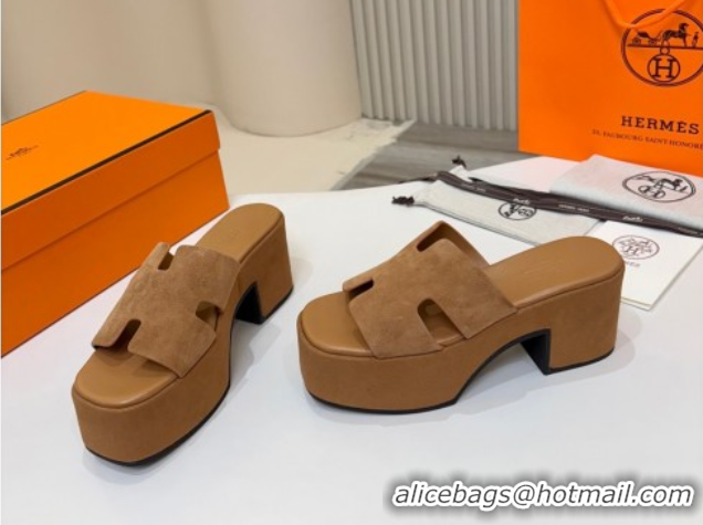Good Taste Hermes Suede Platform Slides Sandal 7.5cm Brown 2025 H082003 0820018