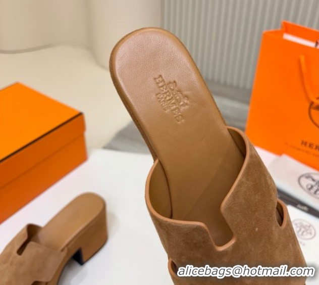 Good Taste Hermes Suede Platform Slides Sandal 7.5cm Brown 2025 H082003 0820018