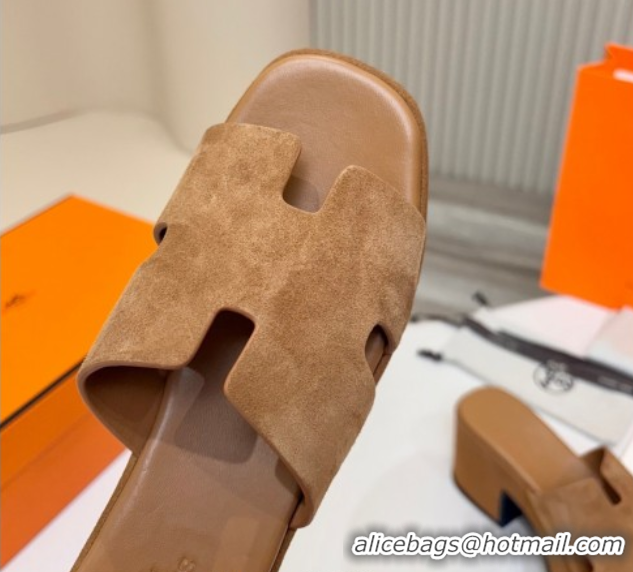 Good Taste Hermes Suede Platform Slides Sandal 7.5cm Brown 2025 H082003 0820018