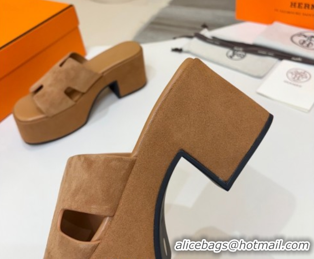 Good Taste Hermes Suede Platform Slides Sandal 7.5cm Brown 2025 H082003 0820018