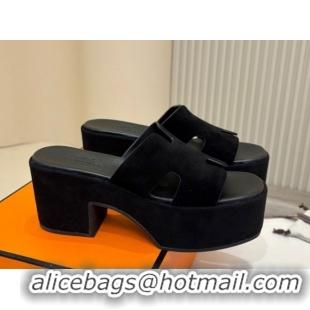 Low Price Hermes Suede Platform Slides Sandal 7.5cm Black 2025 H082003 0820019