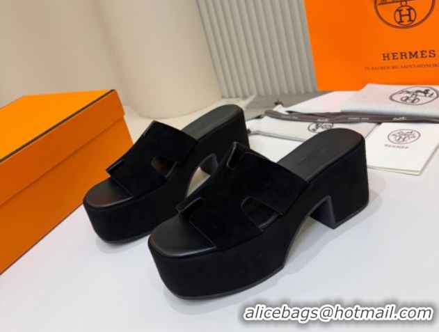 Low Price Hermes Suede Platform Slides Sandal 7.5cm Black 2025 H082003 0820019