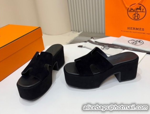 Low Price Hermes Suede Platform Slides Sandal 7.5cm Black 2025 H082003 0820019