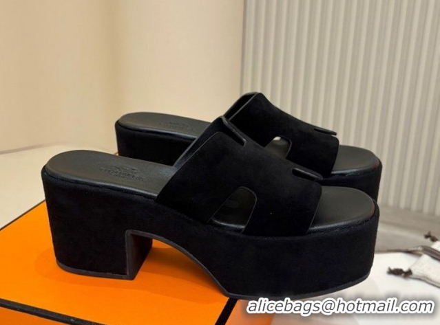 Low Price Hermes Suede Platform Slides Sandal 7.5cm Black 2025 H082003 0820019