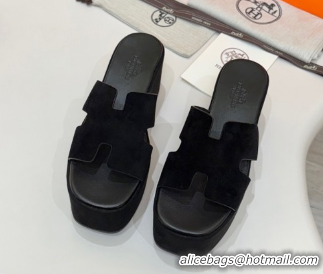 Low Price Hermes Suede Platform Slides Sandal 7.5cm Black 2025 H082003 0820019