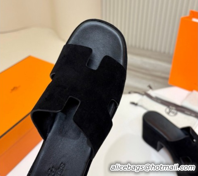 Low Price Hermes Suede Platform Slides Sandal 7.5cm Black 2025 H082003 0820019