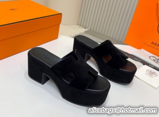 Low Price Hermes Suede Platform Slides Sandal 7.5cm Black 2025 H082003 0820019