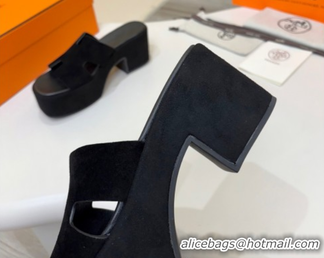 Low Price Hermes Suede Platform Slides Sandal 7.5cm Black 2025 H082003 0820019