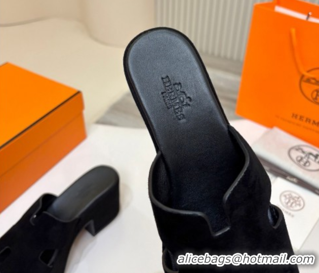 Low Price Hermes Suede Platform Slides Sandal 7.5cm Black 2025 H082003 0820019
