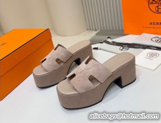 Durable Hermes Suede Platform Slides Sandal 7.5cm Grey 2025 H082003 0820020