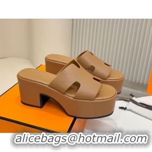 Best Price Hermes Calfskin Platform Slides Sandal 7.5cm Brown 2025 H082003 0820021
