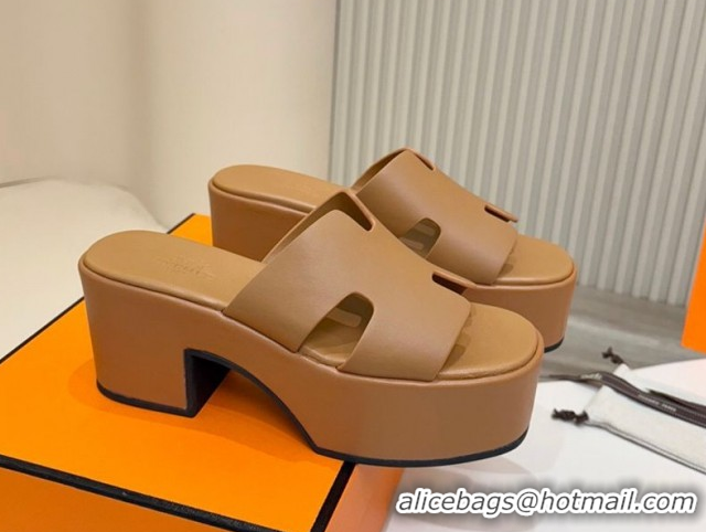 Best Price Hermes Calfskin Platform Slides Sandal 7.5cm Brown 2025 H082003 0820021