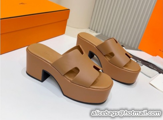 Best Price Hermes Calfskin Platform Slides Sandal 7.5cm Brown 2025 H082003 0820021