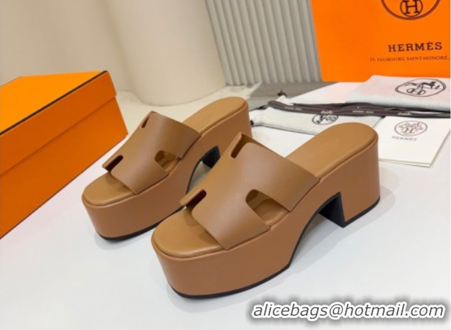 Best Price Hermes Calfskin Platform Slides Sandal 7.5cm Brown 2025 H082003 0820021
