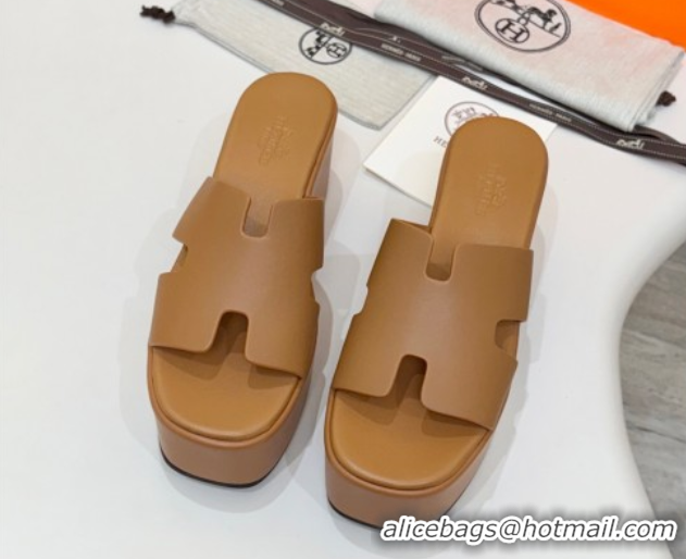 Best Price Hermes Calfskin Platform Slides Sandal 7.5cm Brown 2025 H082003 0820021